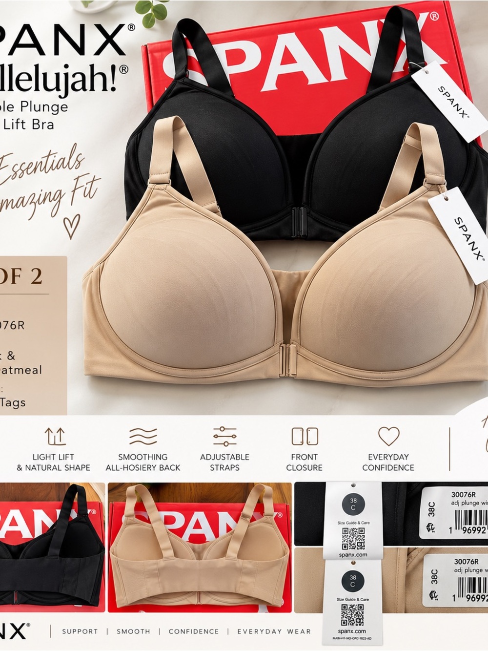 2 SPANX Bra-llelujah Wireless Lift Bras 38C Black Oatmeal NWT 30076R